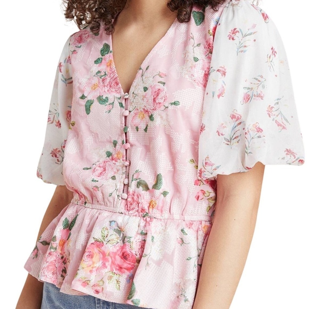 Anthropologie Hemant & Nandita Pink Embroidered Rose Garden Peplum Blouse XS - Picture 12 of 12